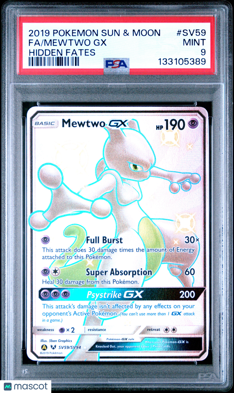 2019 Pokemon Sun & Moon Hidden Fates Mewtwo GX #SV59 FA PSA 9 MINT - Graded TCG/CCG