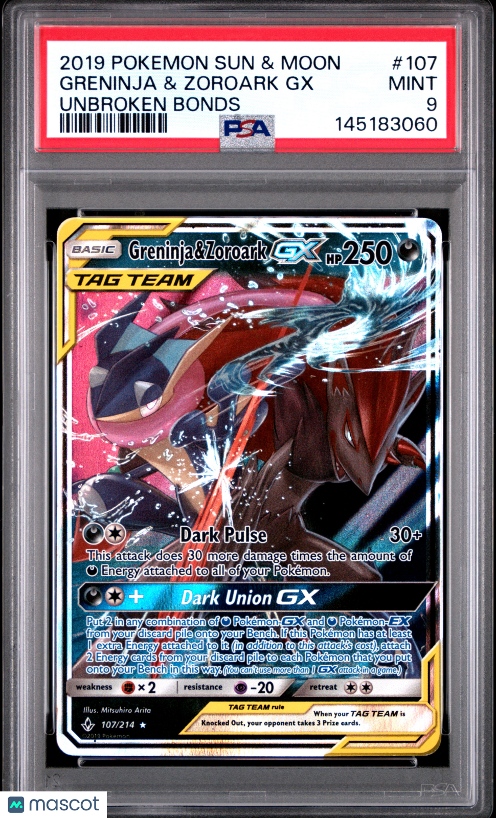 2019 Pokemon Sun & Moon Unbroken Bonds Greninja & Zoroark GX #107 PSA 9 MINT - Graded TCG/CCG