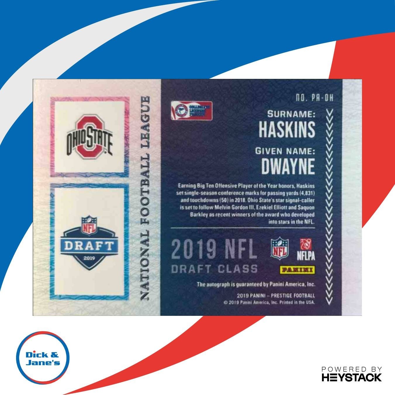 2019 Prestige Dwayne Haskins NFL Passport Signatures RC Auto Ohio State Buckeyes - Sports Cards