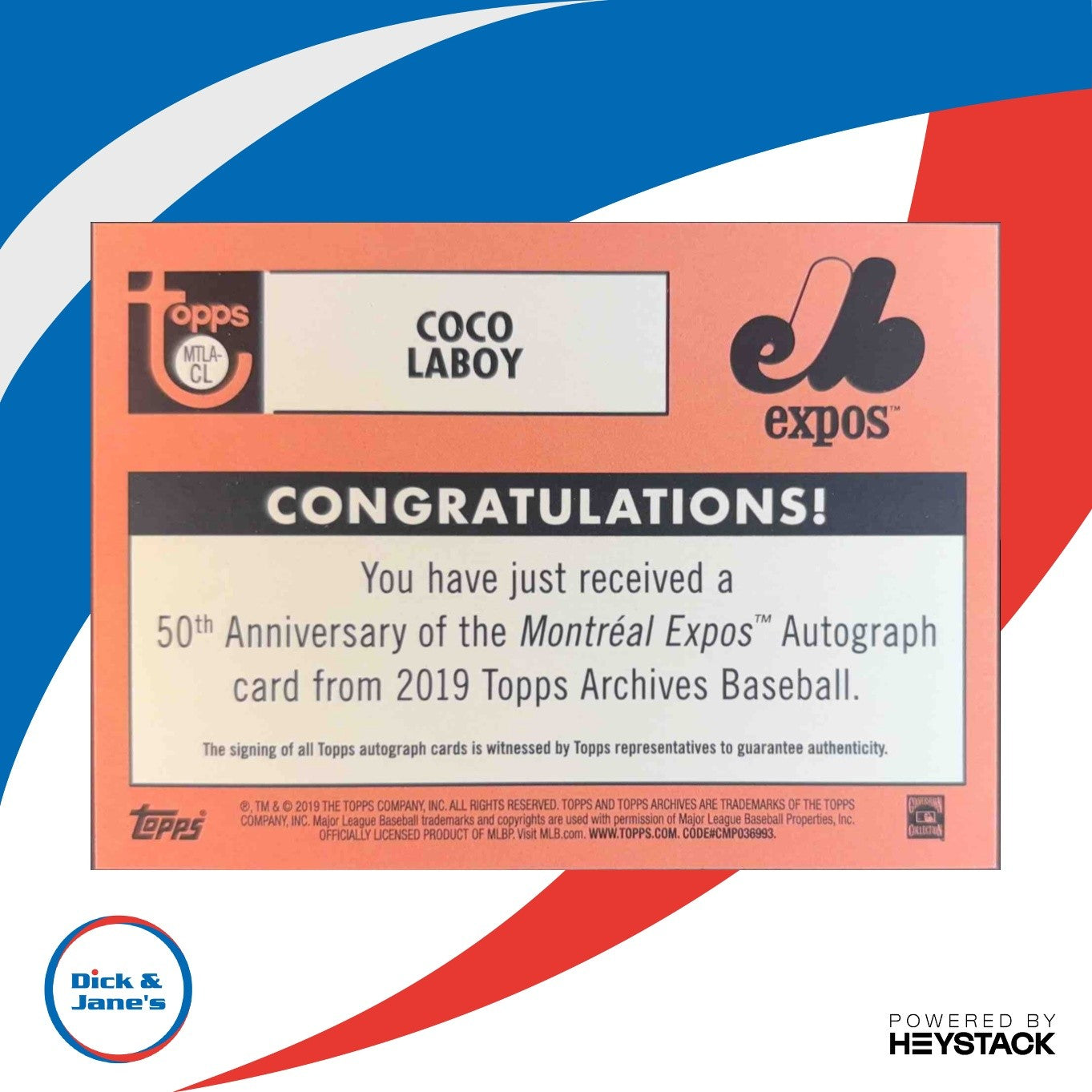 2019 Topps Archives Coco Laboy 50th Anniversary of the Montreal Expos Auto - Sports Cards