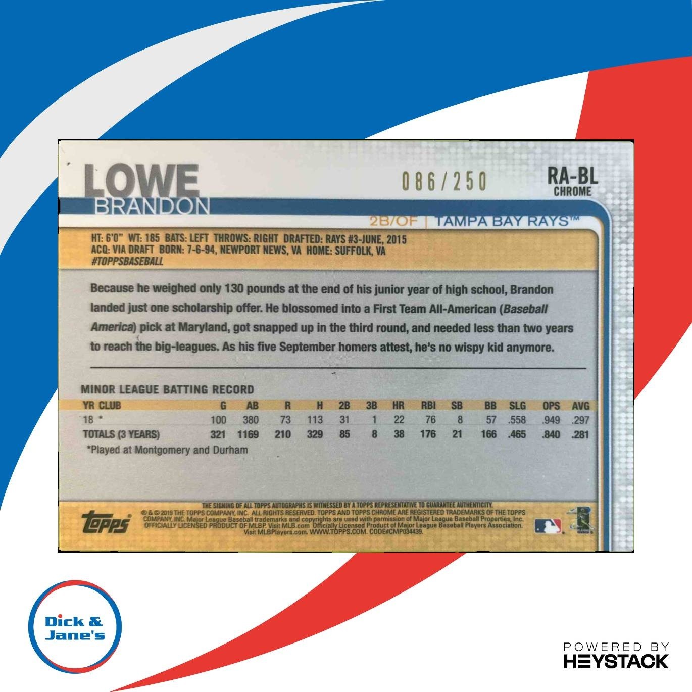 2019 Topps Chrome Brandon Lowe Rookie Auto Purple /250 #RA-BL RC Tampa Bay Rays - Sports Cards