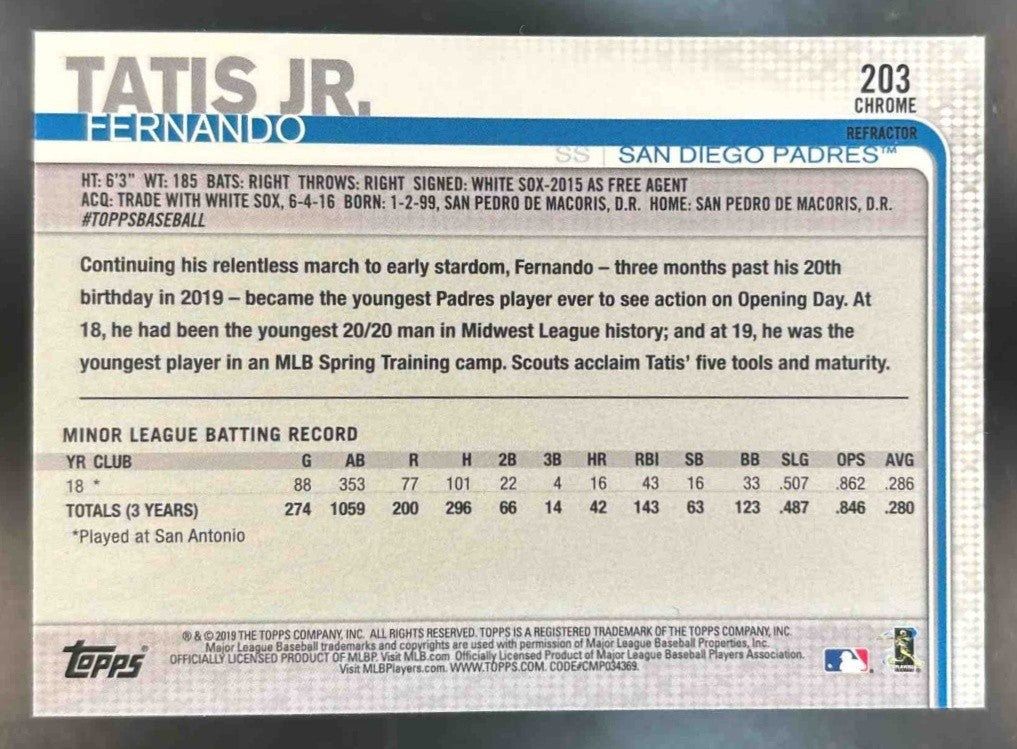 2019 Topps Chrome Fernando Tatis Jr. Refractor #203 RC San Diego Padres - Sports Cards