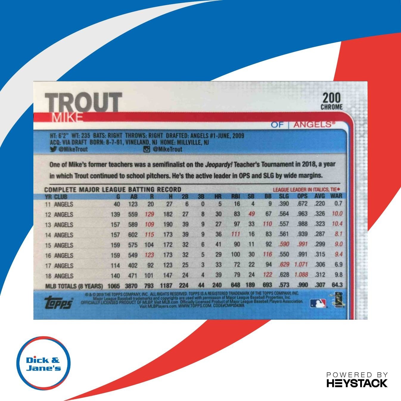 2019 Topps Chrome Mike Trout Prism Refractor #200 Los Angeles Angels - Sports Cards