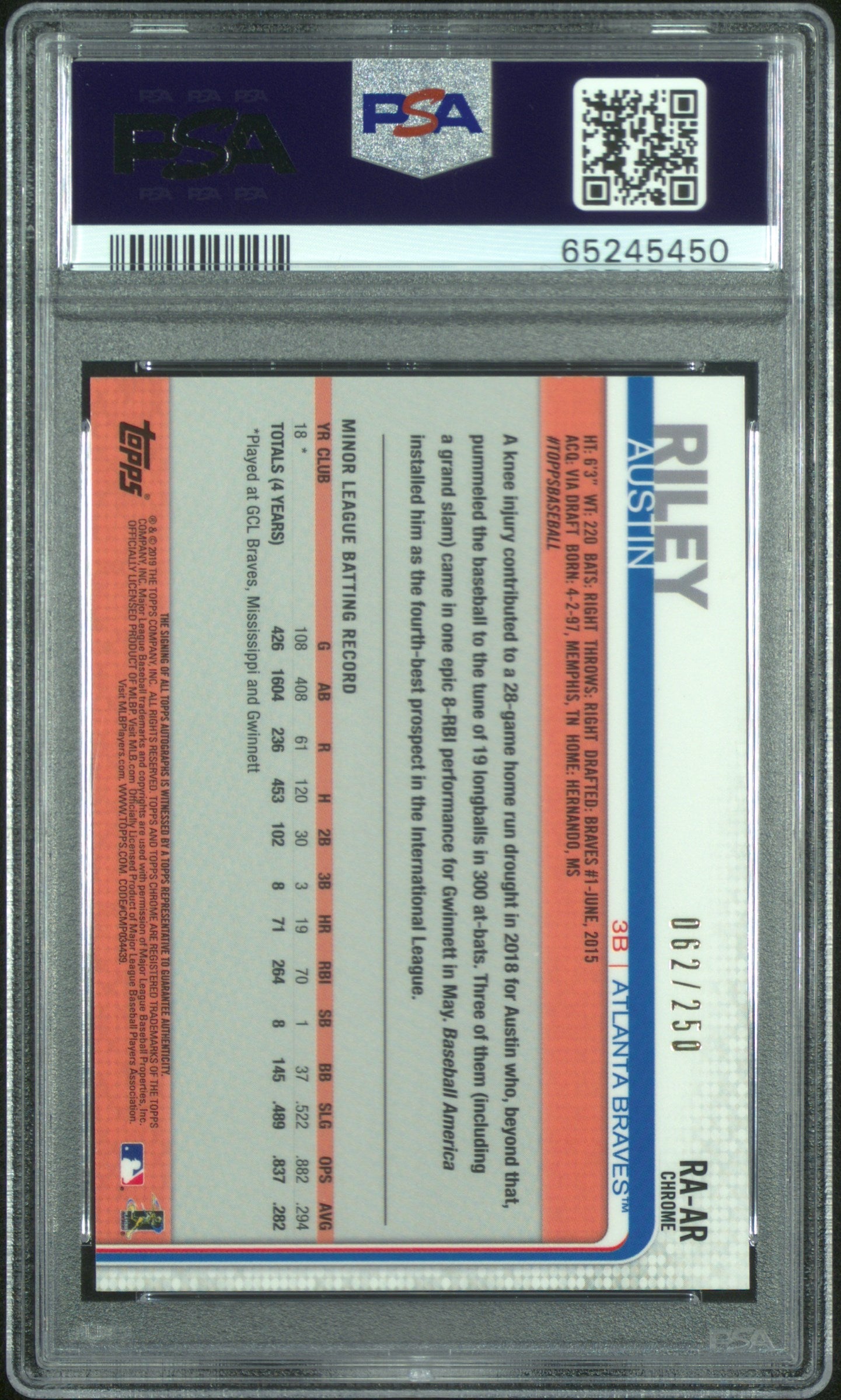 2019 Topps Chrome Rookie Autographs Austin Riley Purple Refractor /250 PSA 10 Graded Sports Cards