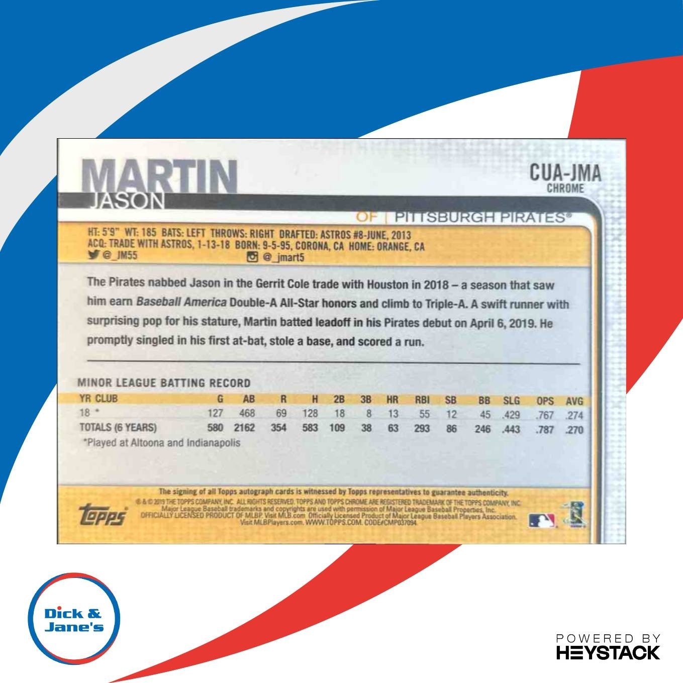 2019 Topps Chrome Update Jason Martin Auto X-Fractor /125 RC Pittsburgh Pirates - Sports Cards