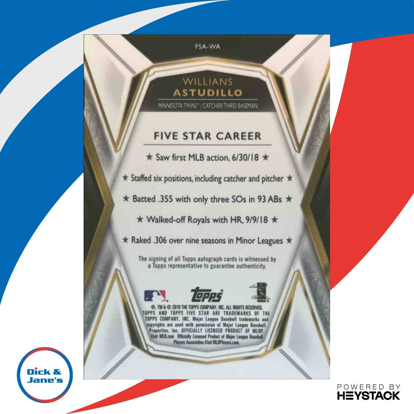 2019 Topps Five Star Willians Astudillo #FSA-WA RC Auto Minnesota Twins - Sports Cards