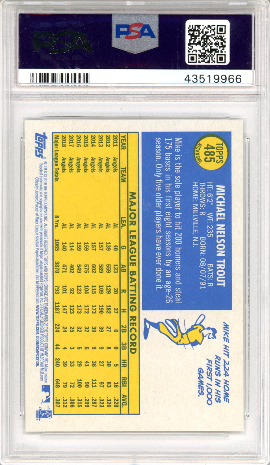2019 Topps Heritage Mike Trout Nickname #485 PSA 10 - Graded Sports Cards