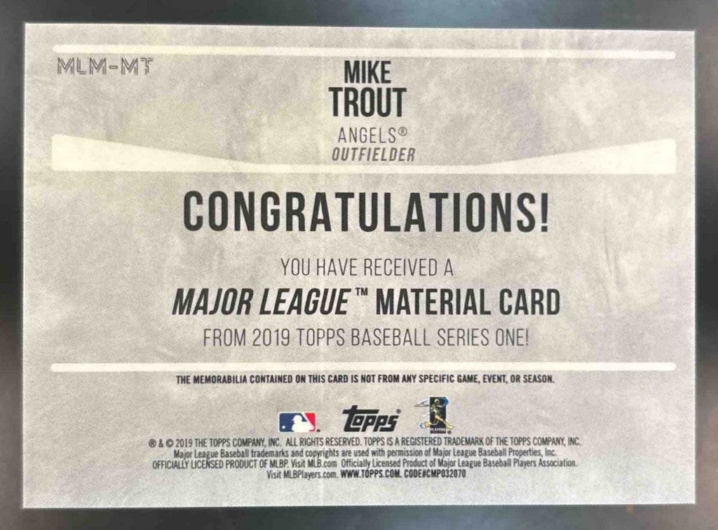 2019 Topps Mike Trout Major League Material Relics #MLM-MT Los Angeles Angels - Sports Cards