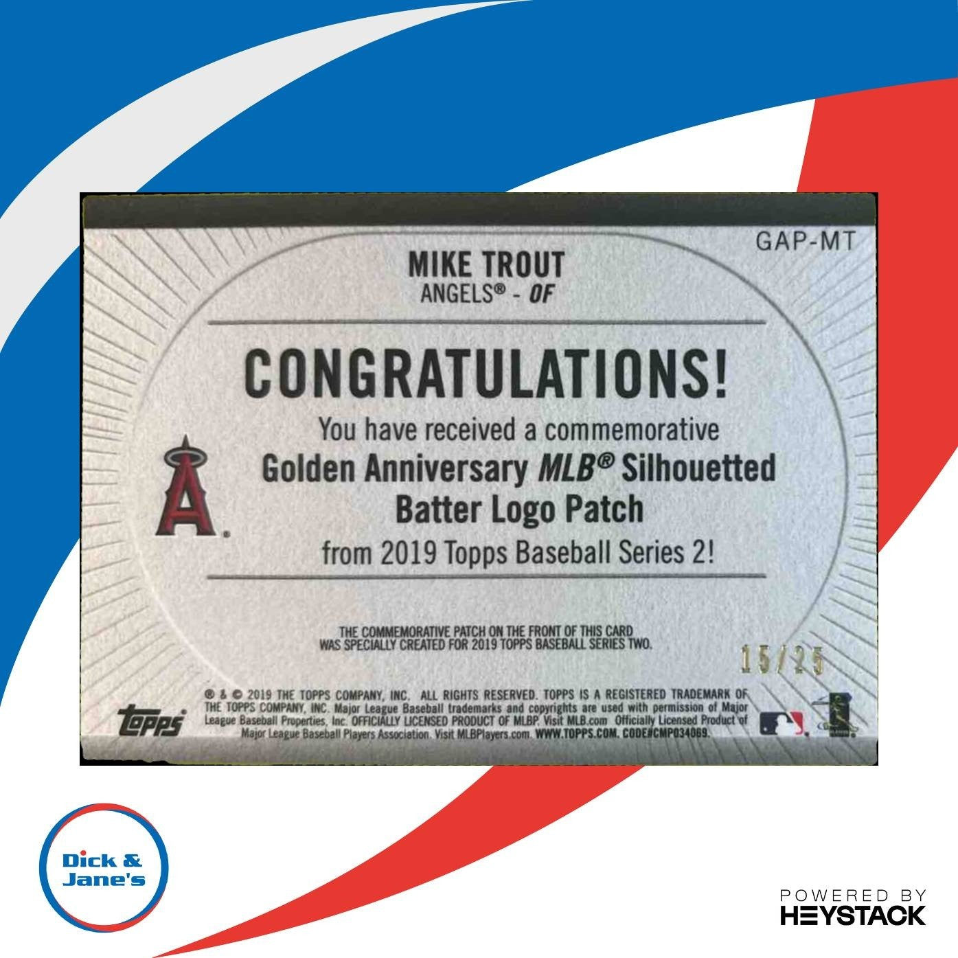 2019 Topps Mike Trout MLB Logo Golden Patch Red 15/25 Los Angeles Angels - Sports Cards