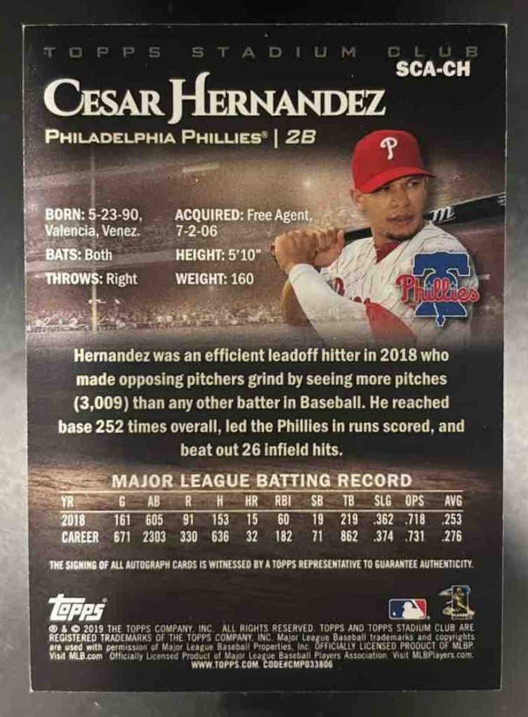 2019 Topps Stadium Club Cesar Hernandez Auto #SCA-CH Philadelphia Phillies - Sports Cards