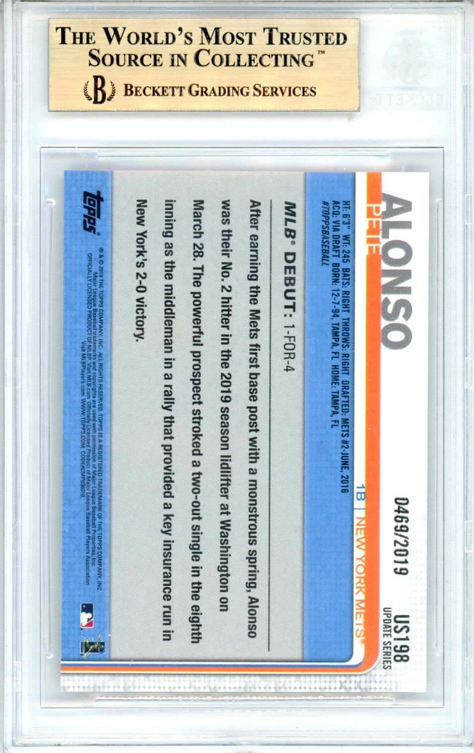 2019 Topps Update Gold Pete Alonso Rookie #US198 BGS 9.5 GEM MINT New York Mets - Graded Sports Cards