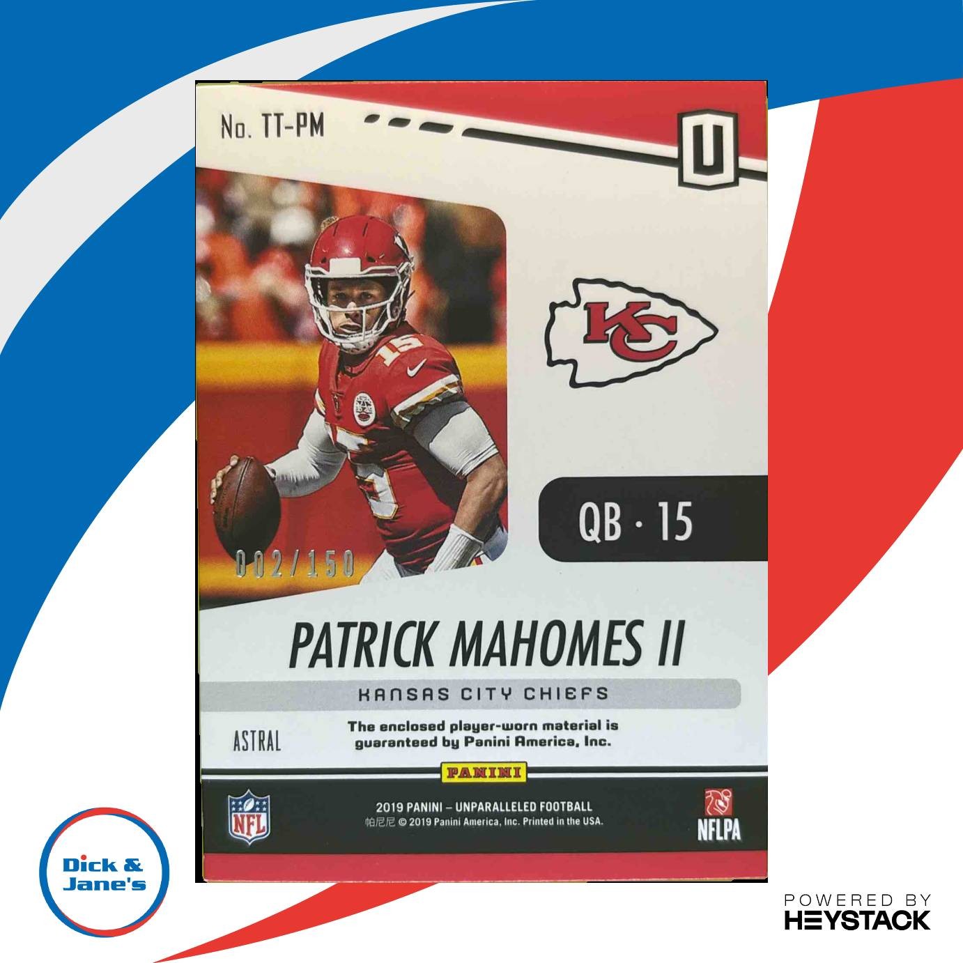 2019 Unparalleled Patrick Mahomes Touchdown Threads Astral 002/150 Kansas City - Sports Cards