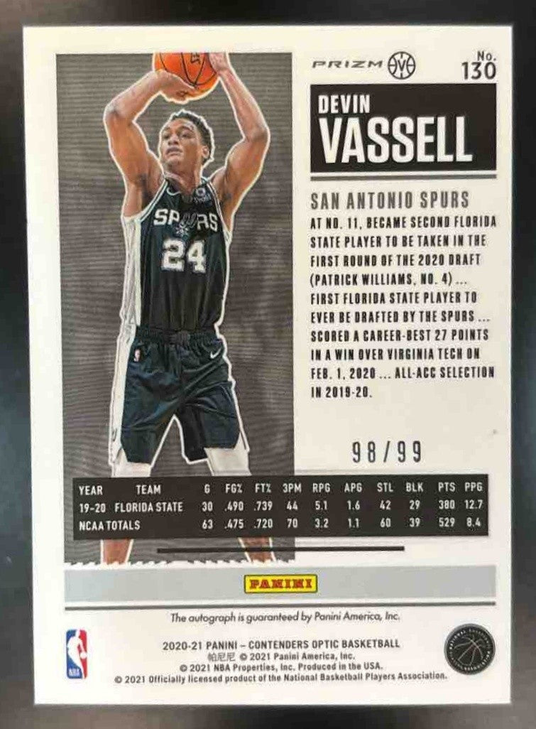 2020-21 Contenders Optic Devin Vassell Blue /99 #130 RC Auto San Antonio Spurs - Sports Cards