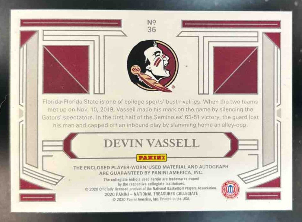 2020-21 National Treasures Collegiate Devin Vassell Patch Auto /10 RC Seminoles - Sports Cards