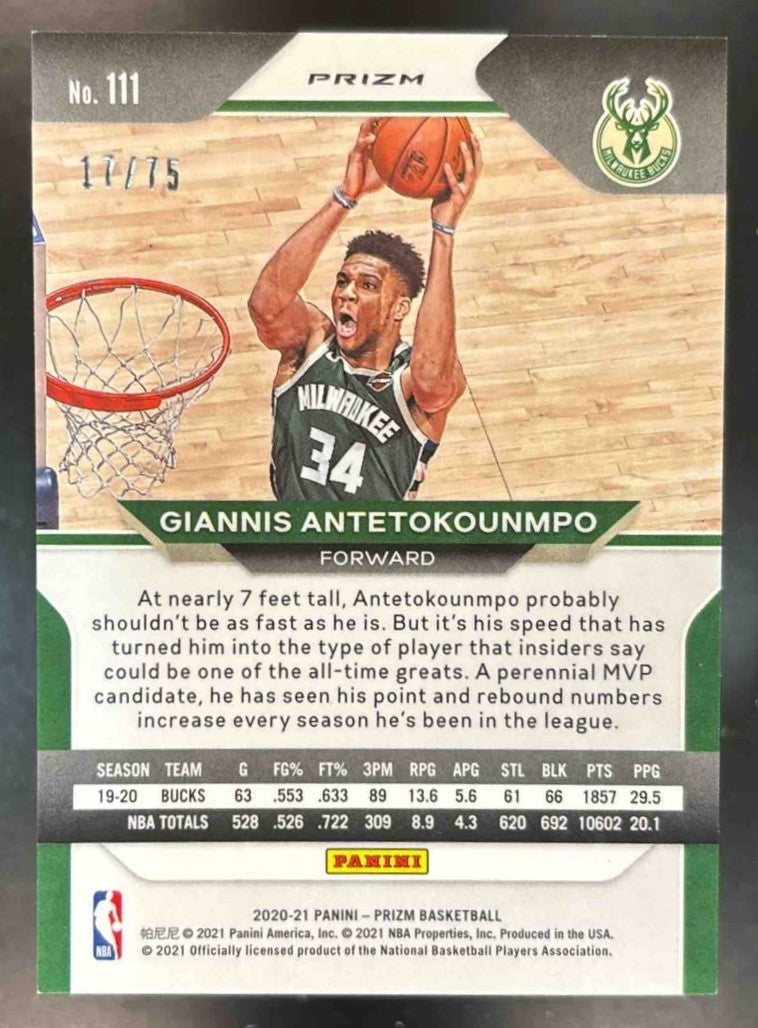2020-21 Panini Prizm Giannis Antetokounmpo Fast Break Purple /75 Milwaukee Bucks - Sports Cards