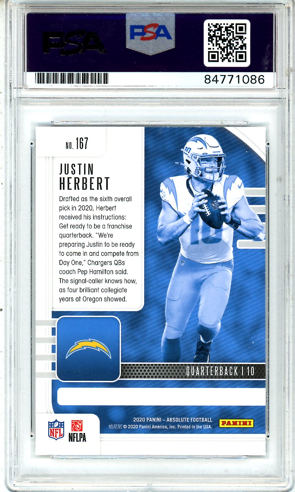 2020 Absolute Justin Herbert Rookie On Card Auto #166 PSA Authentic Chargers - Graded Sports Cards