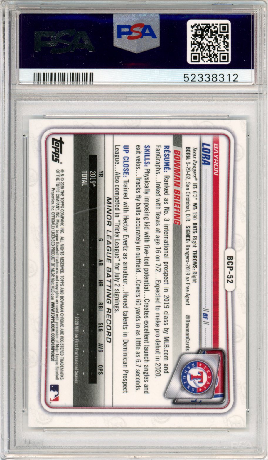 2020 Bowman Chrome Prospects Bayron Lora #BCP52 PSA 9 texas r - Graded Sports Cards