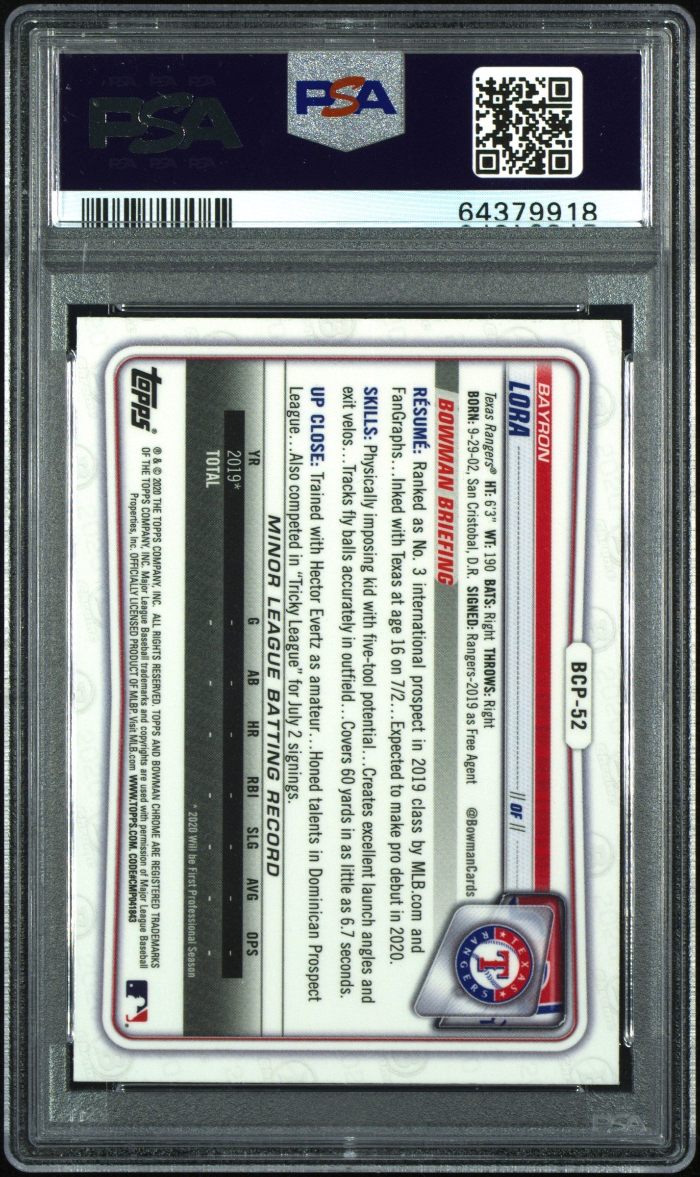 2020 Bowman Chrome Sapphire 1ST Edition Bayron Lora #BCP52 PSA 10 Texas Rangers - Graded Sports Cards