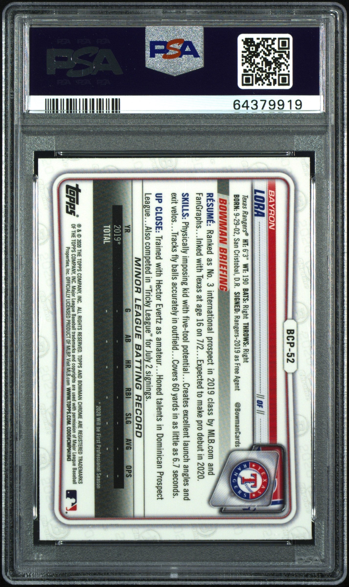 2020 Bowman Chrome Sapphire Edition Bayron Lora #BCP52 PSA 10 GEM MINT Graded Sports Cards