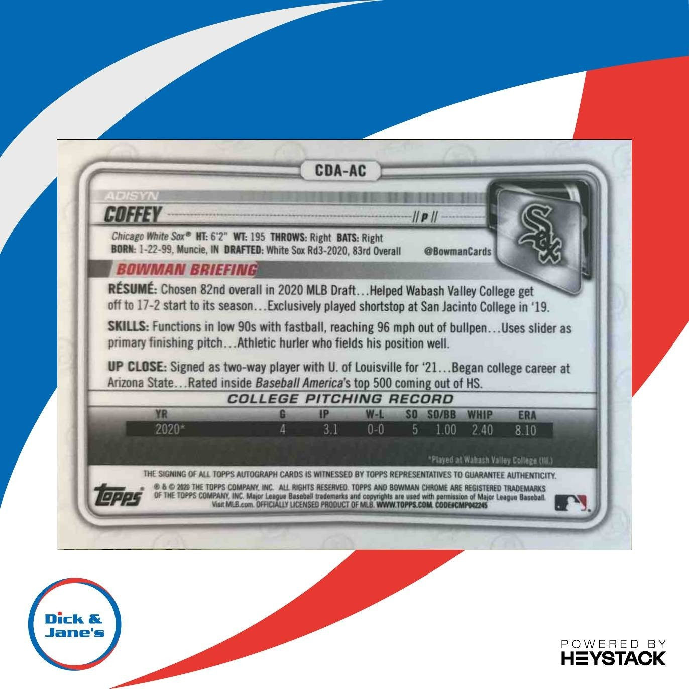 2020 Bowman Draft Adisyn Coffey Chrome Pick Auto Green Refractor /99 White Sox - Sports Cards