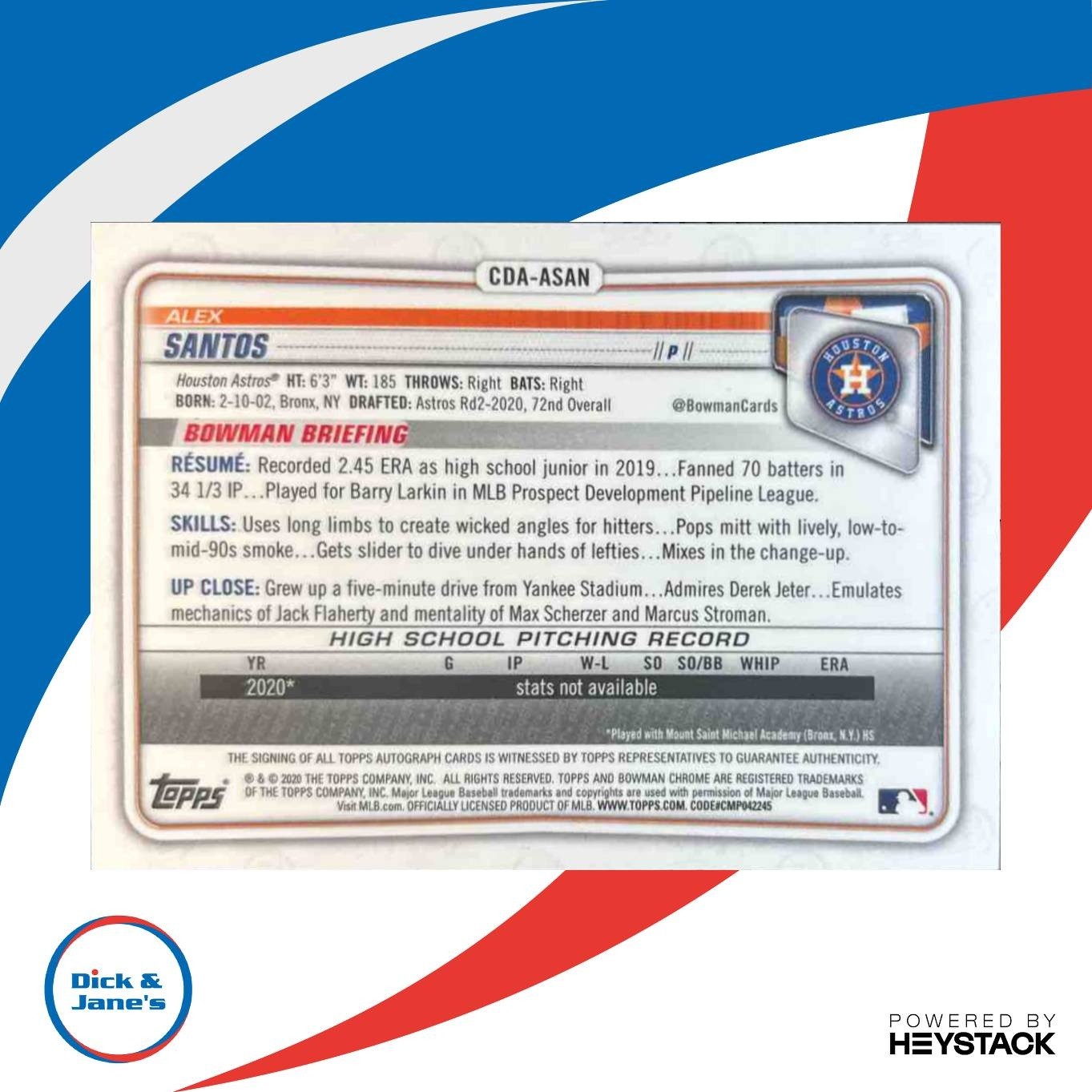 2020 Bowman Draft Alex Santos Chrome Pick Auto #CDA-ASAN Houston Astros - Sports Cards