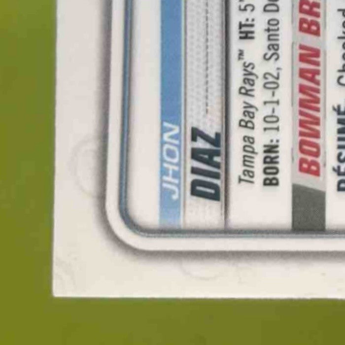 2020 Bowman Jhon Diaz Chrome Prospects #BCP-30 Tampa Bay Rays - Sports Cards
