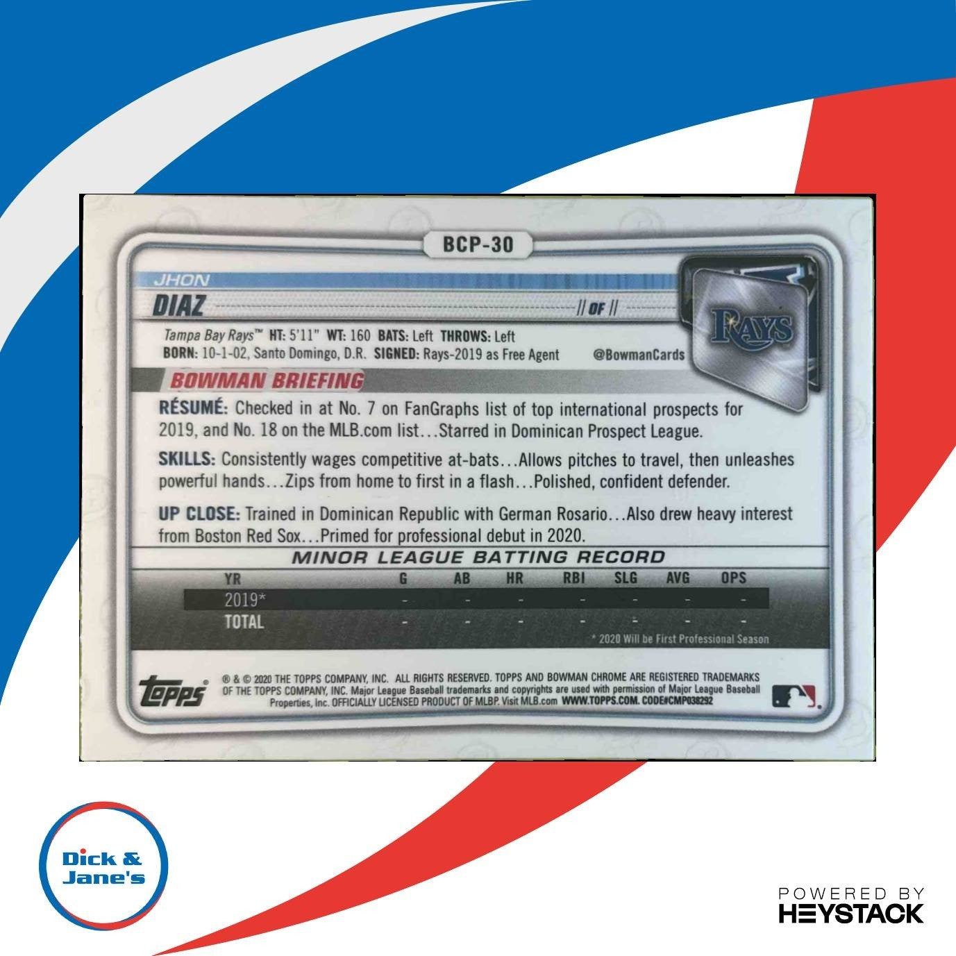 2020 Bowman Jhon Diaz Chrome Prospects #BCP-30 Tampa Bay Rays - Sports Cards