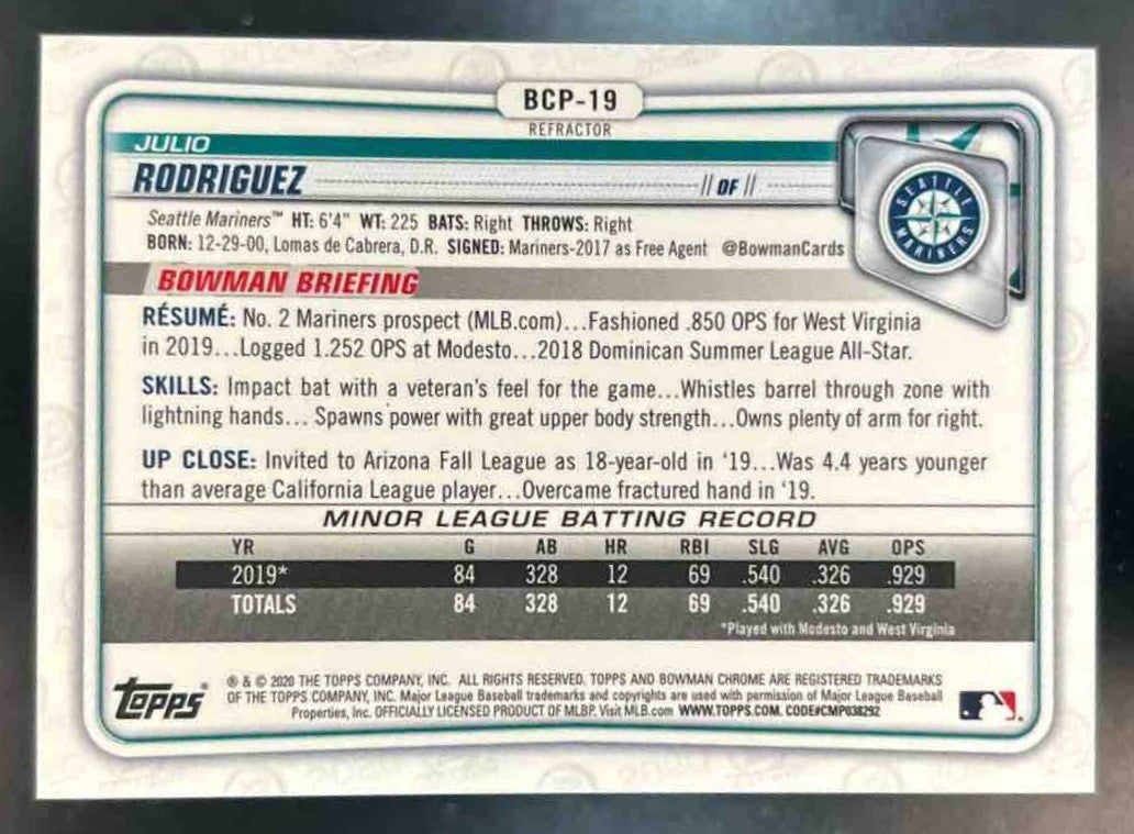 2020 Bowman Julio Rodriguez Chrome Prospects Refractor /499 #BCP-19 Mariners - Sports Cards