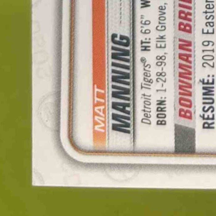 2020 Bowman Matt Manning Prospect Auto #PA-MM Detroit Tigers - Sports Cards