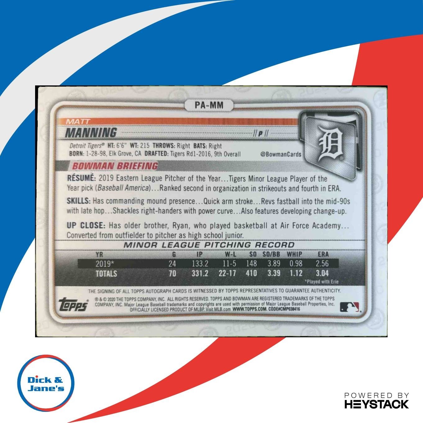 2020 Bowman Matt Manning Prospect Auto #PA-MM Detroit Tigers - Sports Cards