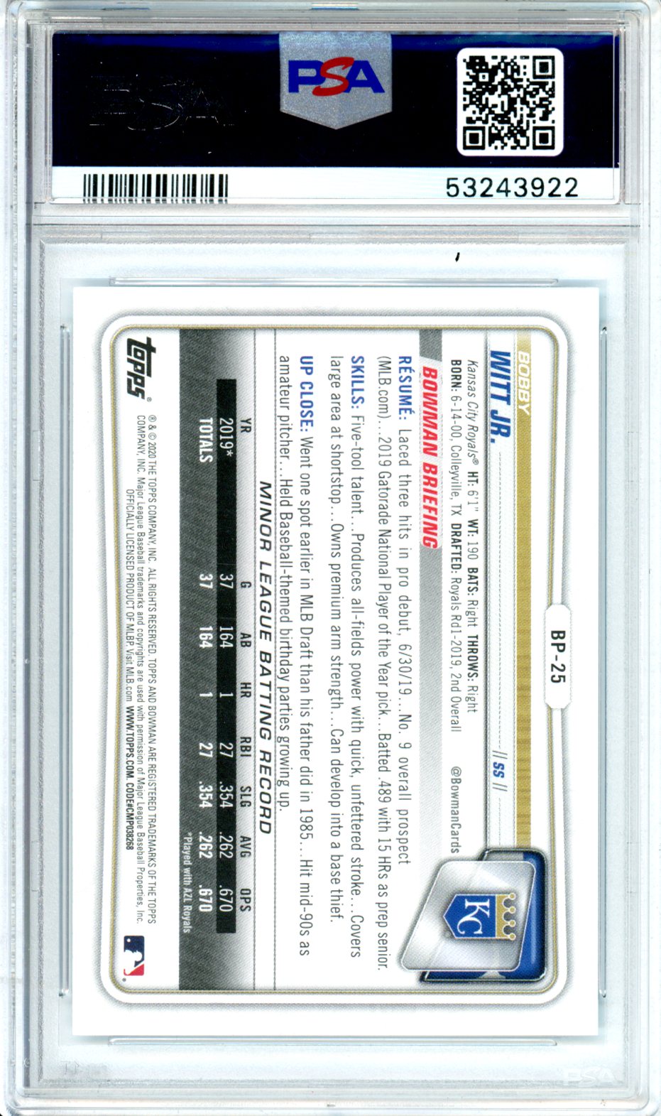2020 Bowman Paper Prospects Bobby Witt JR. Sky Blue 244/499 PSA 10 GEM Royals Graded Sports Cards
