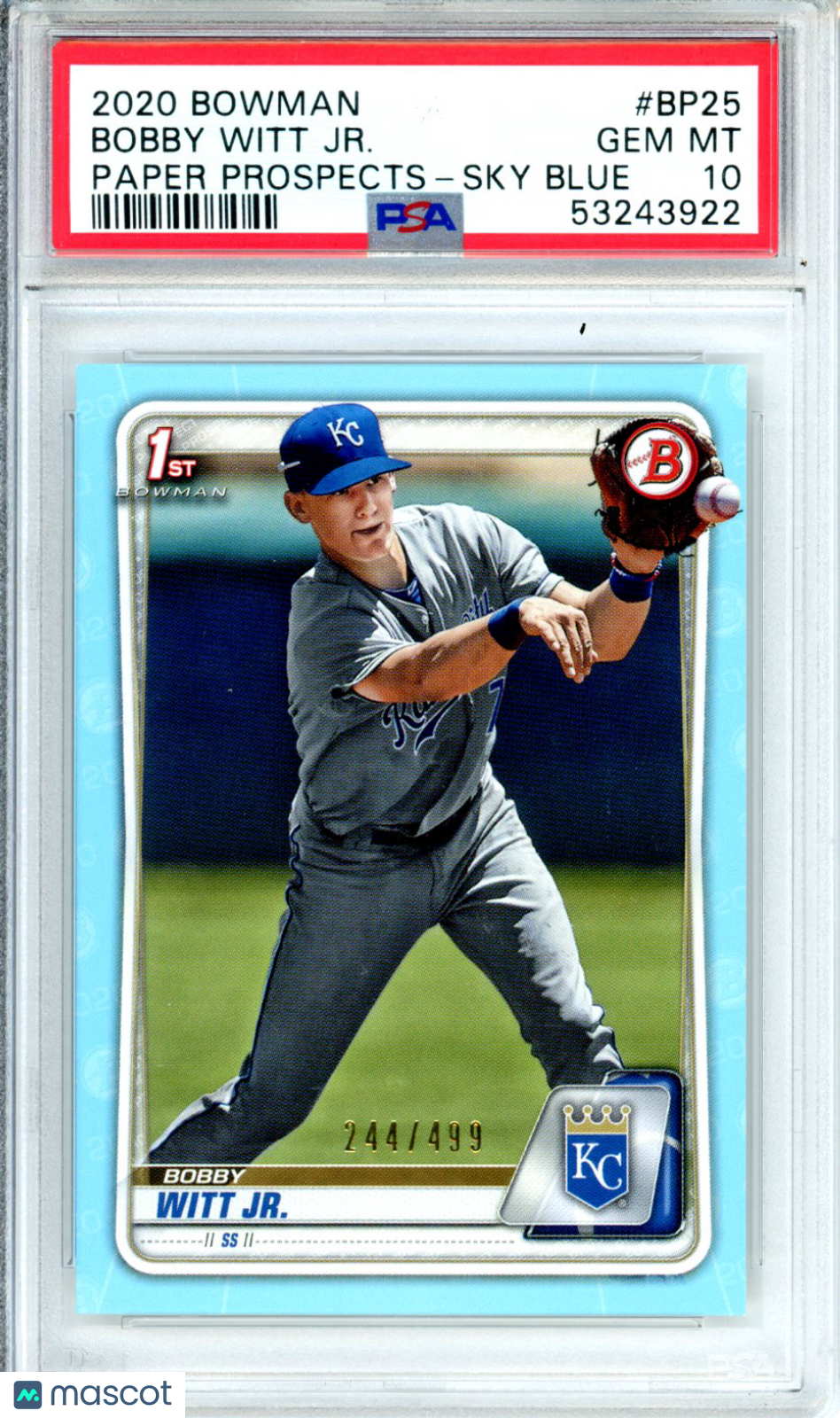 2020 Bowman Paper Prospects Bobby Witt JR. Sky Blue 244/499 PSA 10 GEM Royals Graded Sports Cards