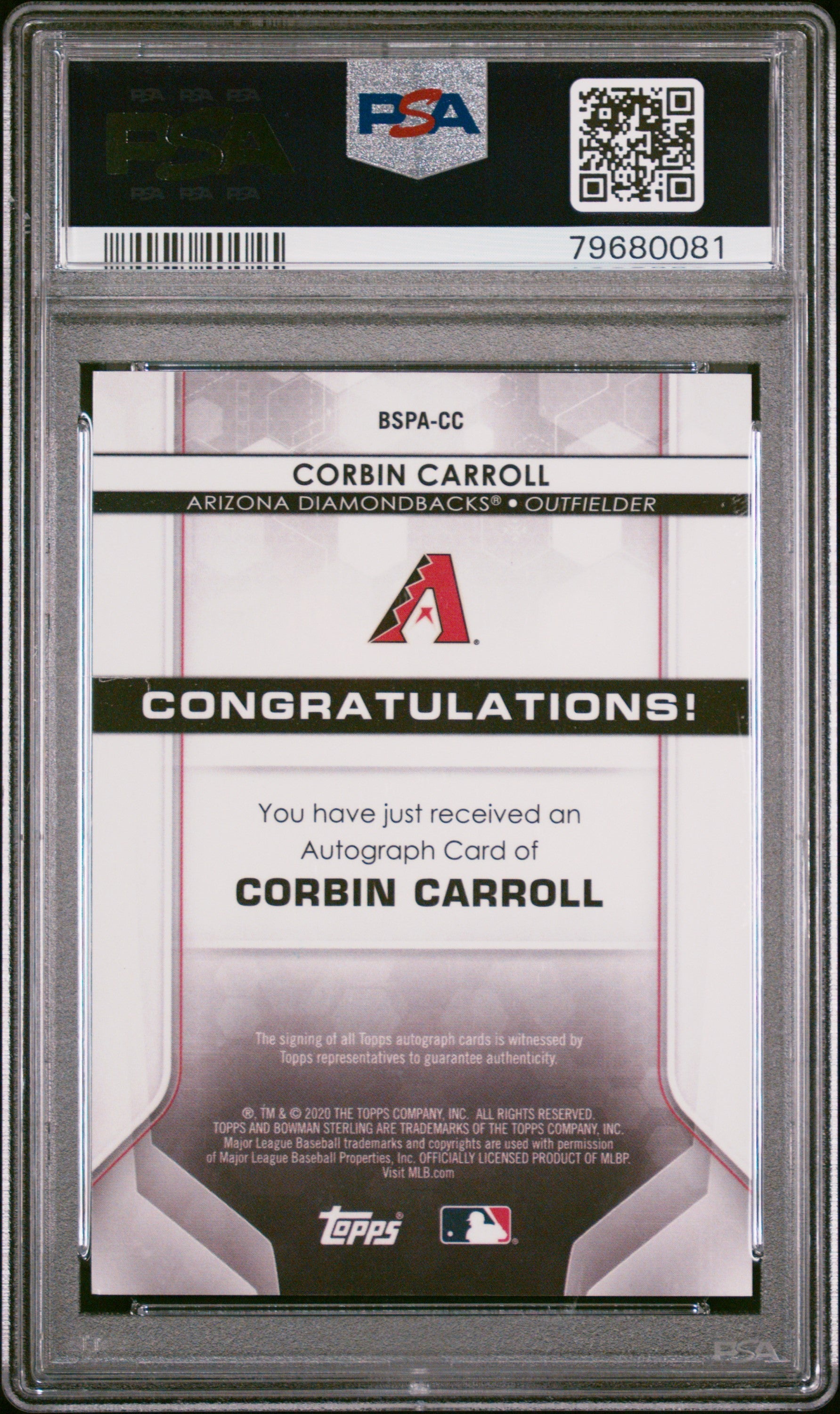 2020 Bowman Sterling Prospect Autographs Corbin Carroll PSA 9 Diamondbacks RC Graded Sports Cards