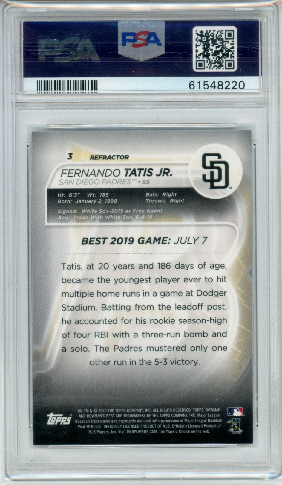 2020 Bowman’s Best Fernando Tatis JR. Refractor #3 PSA 9 - Graded Sports Cards