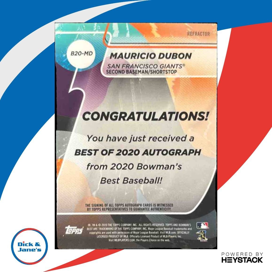 2020 Bowman’s Best Mauricio Dubon Best of 2020 Auto Refractor RC Giants - Sports Cards
