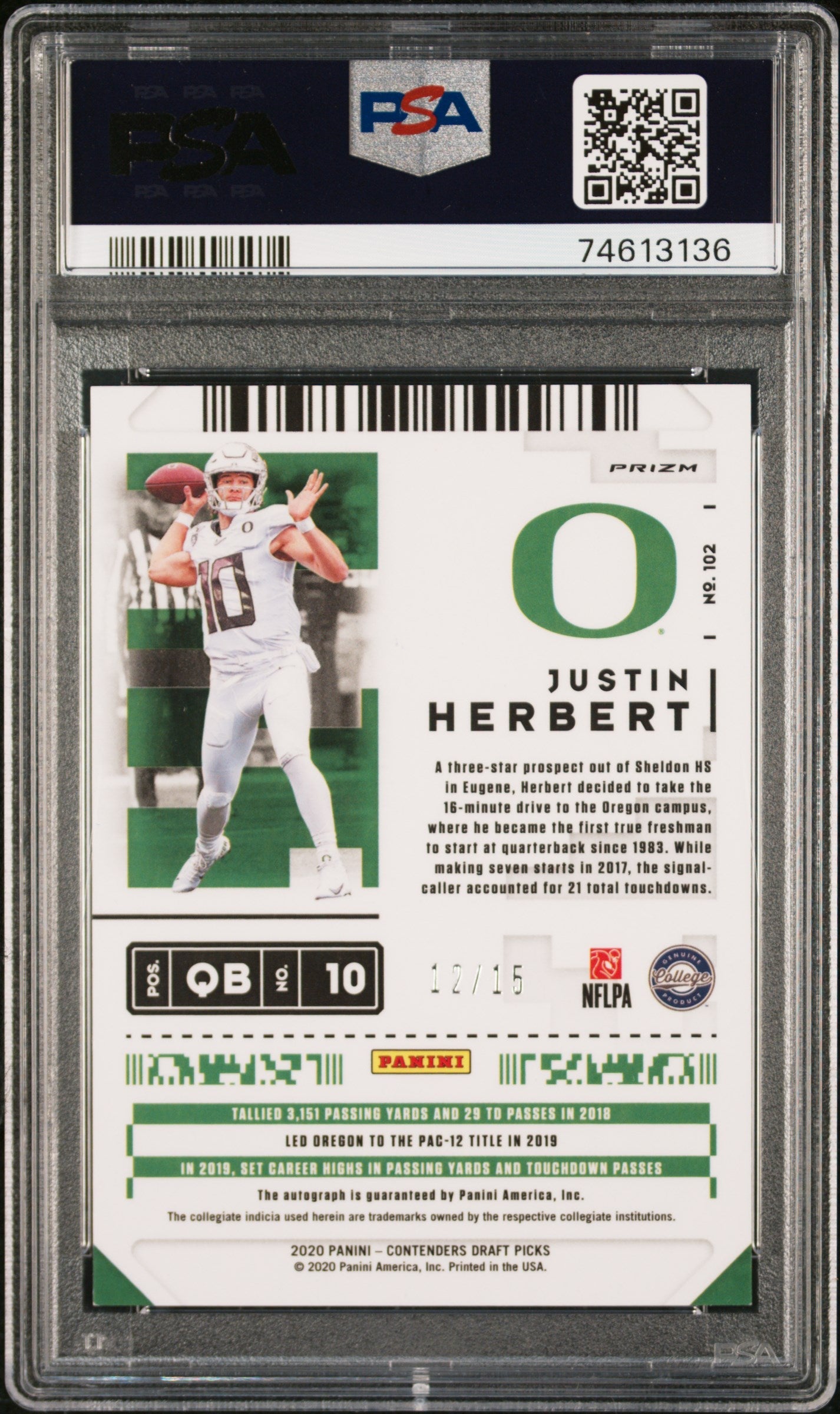 2020 Contenders Draft Picks Justin Herbert Optic Autograph Mojo 12/15 #102 PSA 9 - Graded Sports Cards