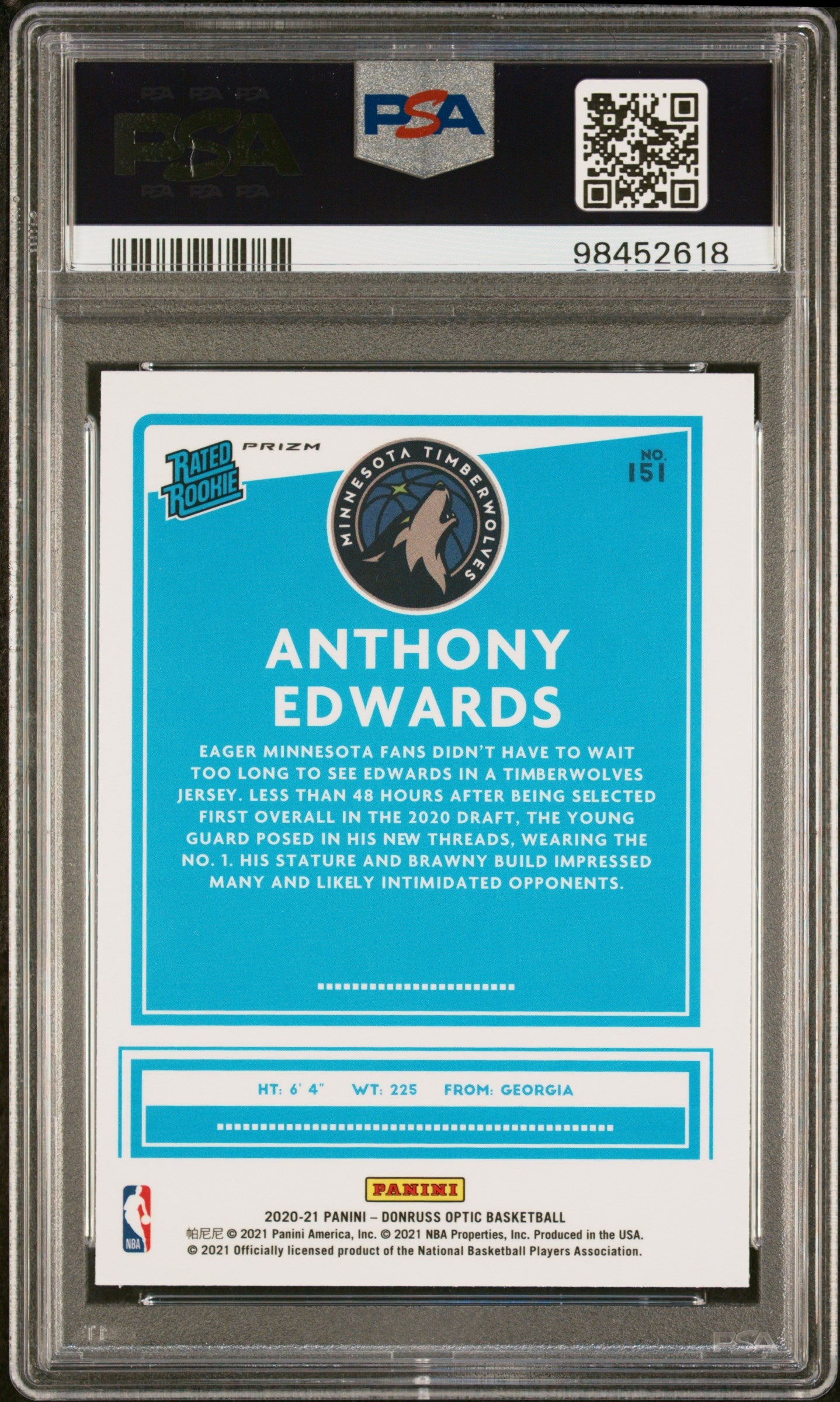 2020 Donruss Optic Anthony Edwards Holo Rated Rookie 151 PSA 9 MINT Timberwolves - Graded Sports Cards