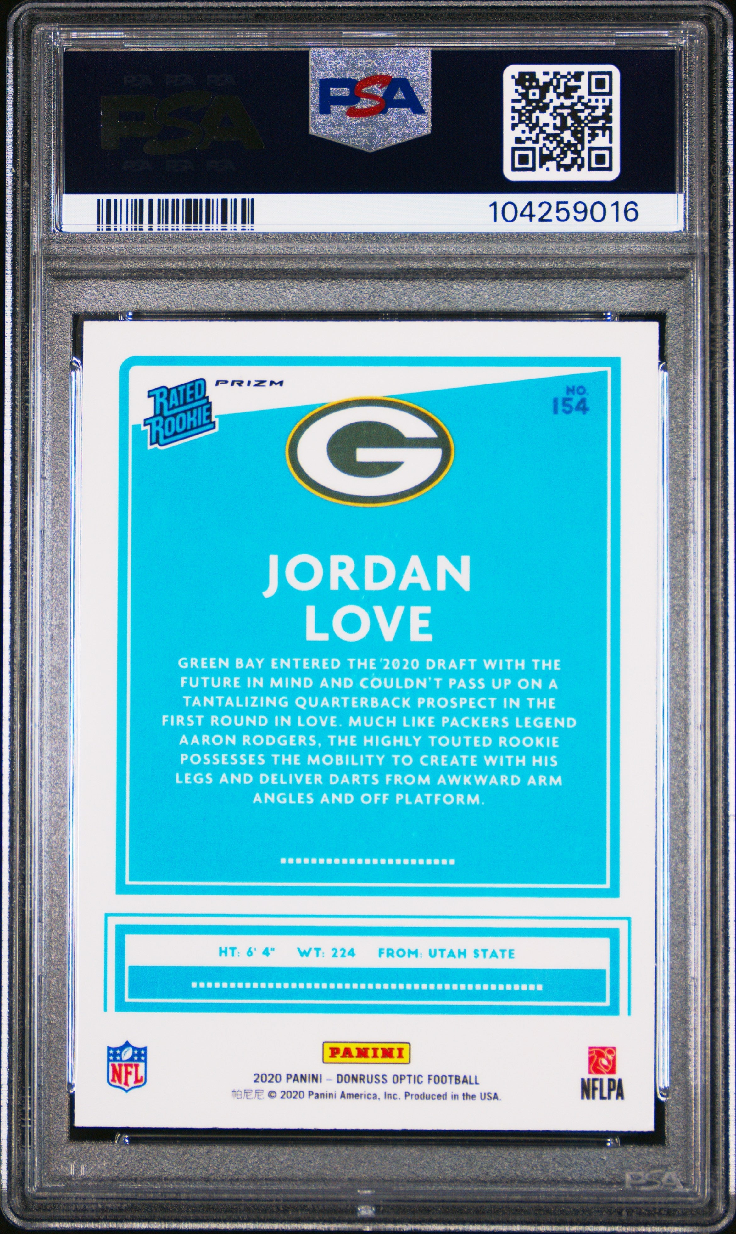 2020 Donruss Optic Jordan Love Holo Rookie #154 PSA 9 Green Bay Packers - Graded Sports Cards