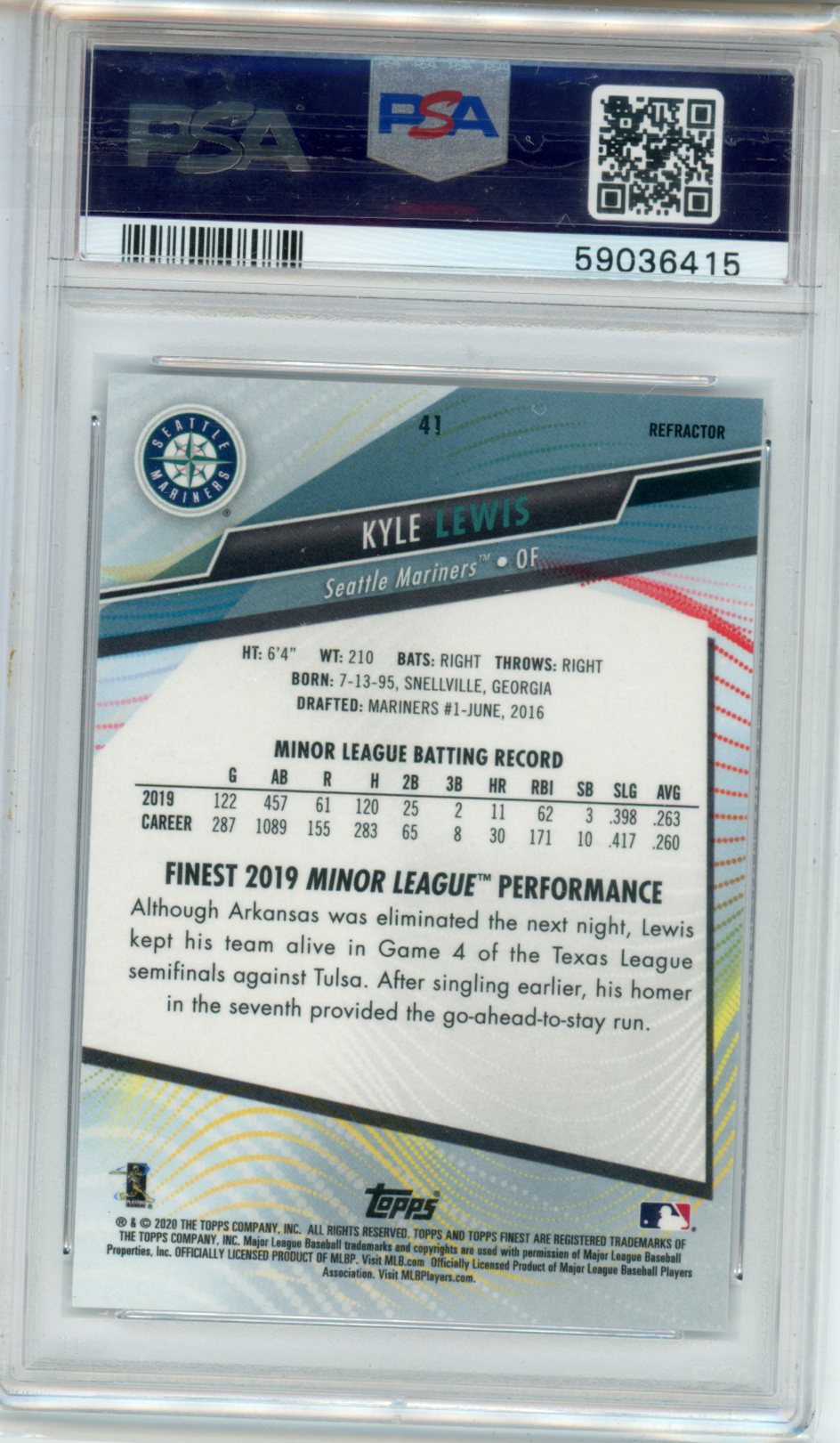 2020 Finest Kyle Lewis Refractor #41 PSA 10 - Graded Sports Cards