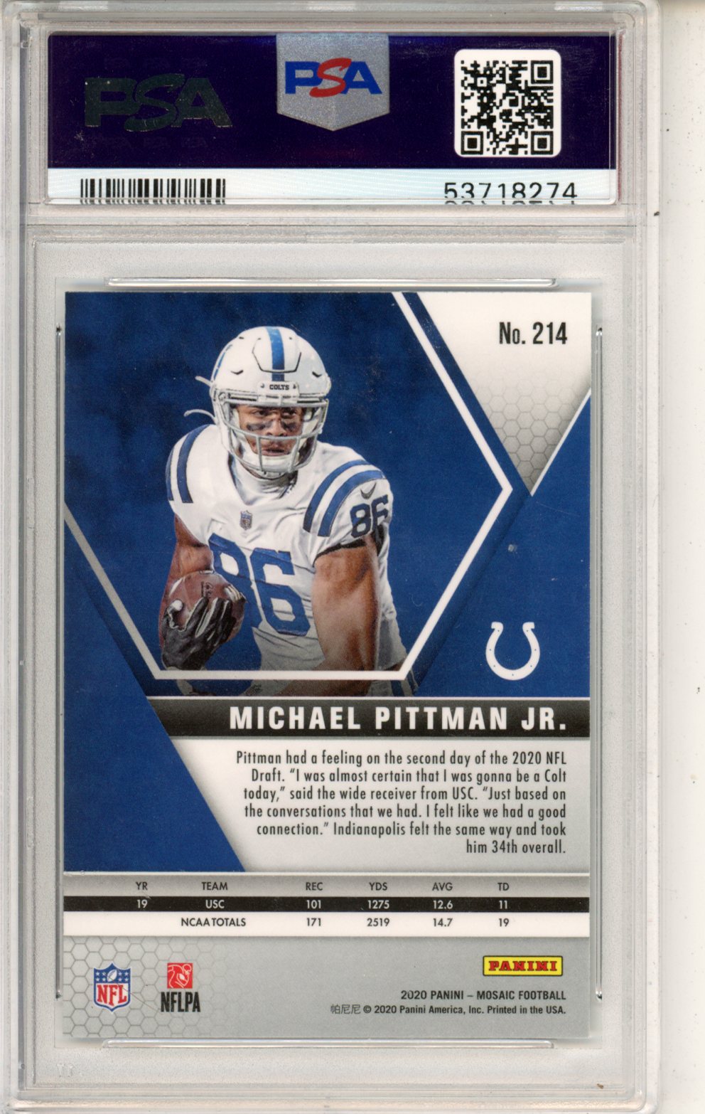 2020 Mosaic Michael Pittman JR. Rookie #214 PSA 10 GEM MINT Indianapolis Colts Graded Sports Cards