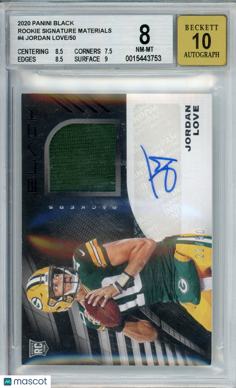 2020 Panini Black Rookie Signature Materials Jordan Love /50 #4 BGS 8 - Graded Sports Cards