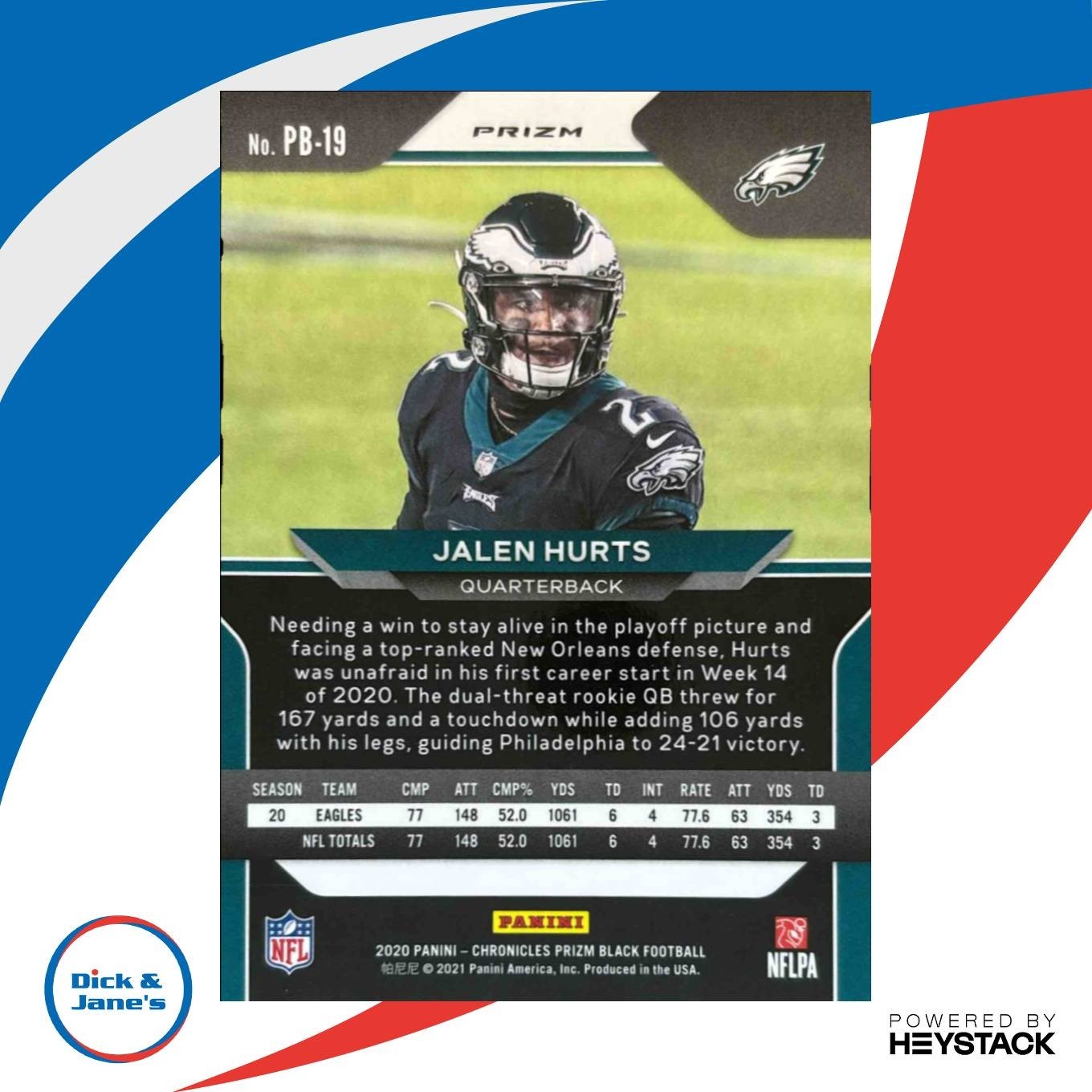 2020 Panini Chronicles Jalen Hurts Prizm Black Silver #PB-19 RC Eagles - Sports Cards