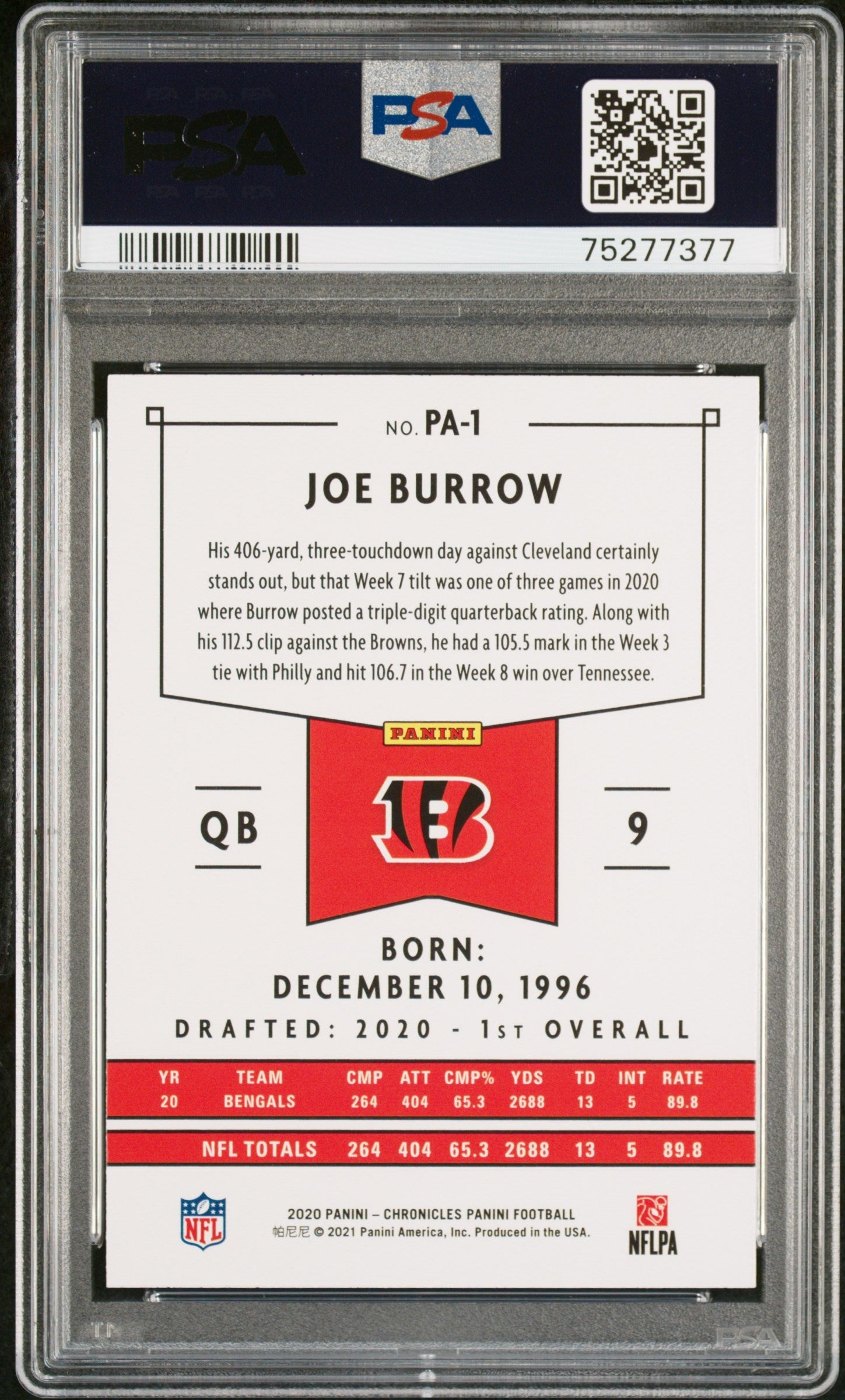 2020 Panini Chronicles Panini Joe Burrow #PA1 PSA 9 - Graded Sports Cards