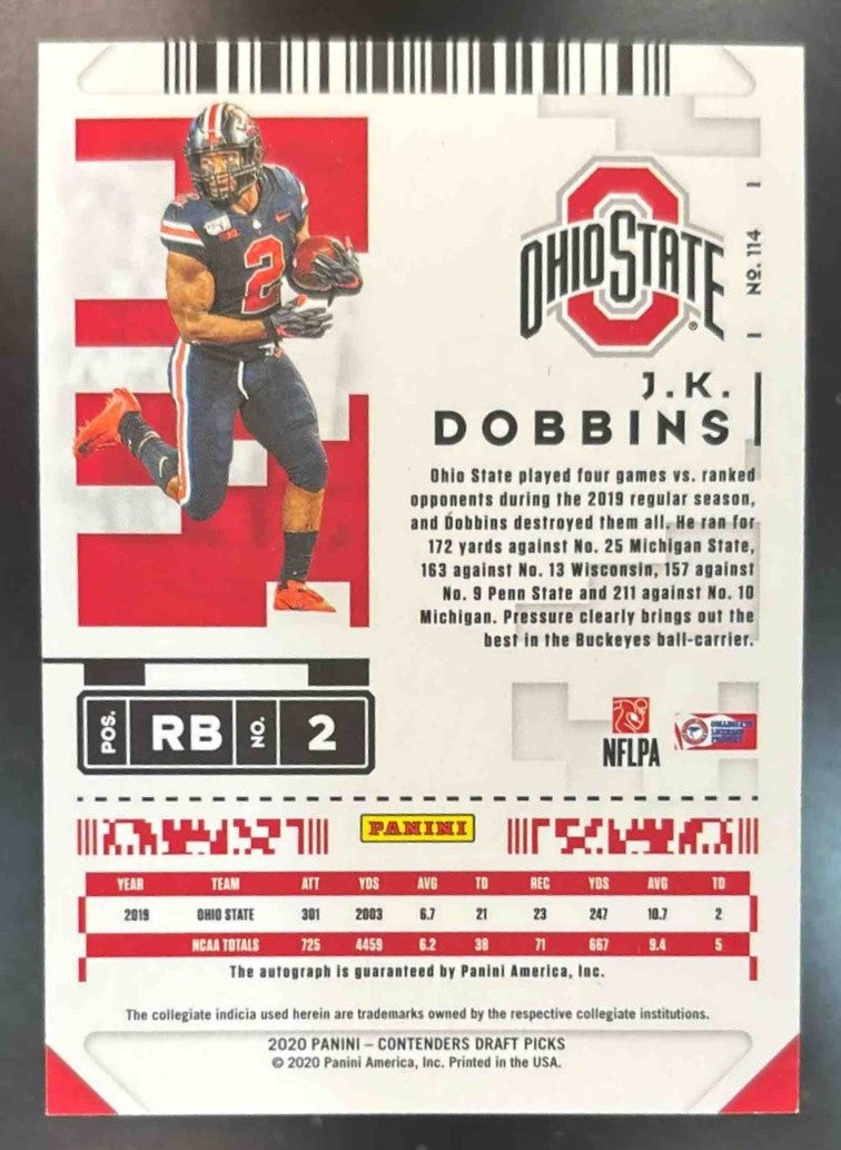 2020 Panini Contenders Draft Picks J.K. Dobbin /15 RC Auto Ohio State Buckeyes - Sports Cards