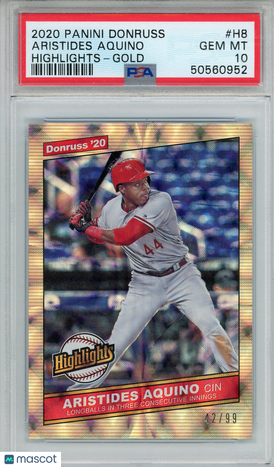 2020 Panini Donruss Highlights Aristides Aquino Gold Rookie /99 #H8 PSA 10 - Graded Sports Cards