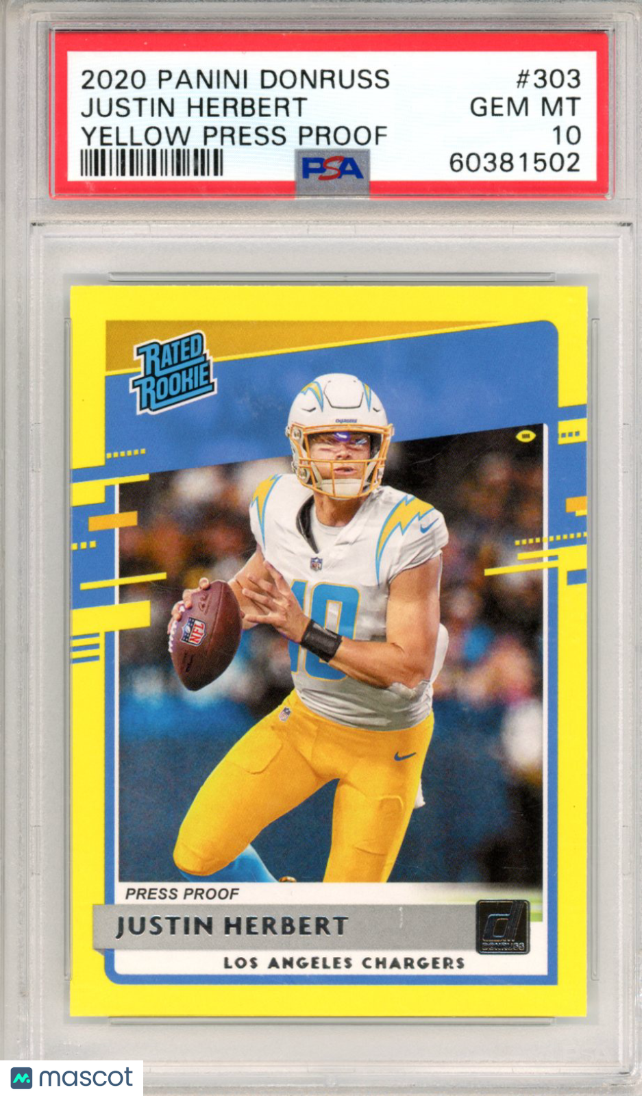 2020 Panini Donruss Justin Herbert Yellow Press Proof #303 PSA 10 - Graded Sports Cards