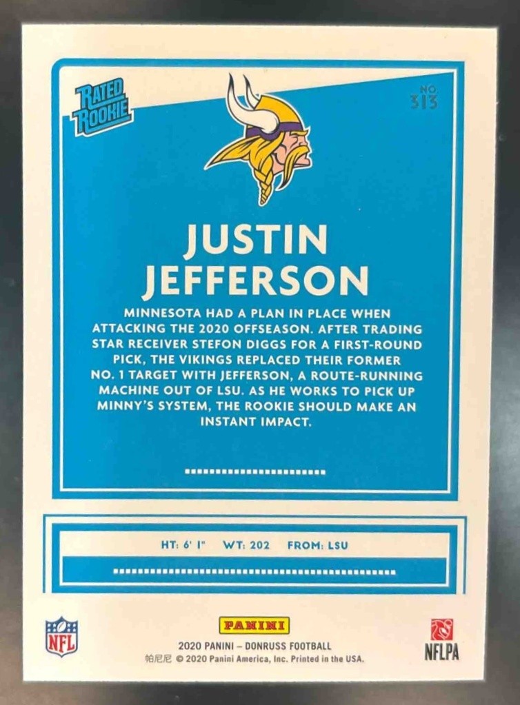 2020 Panini Donruss Justin Jefferson Press Proof Yellow #313 RC Vikings - Sports Cards