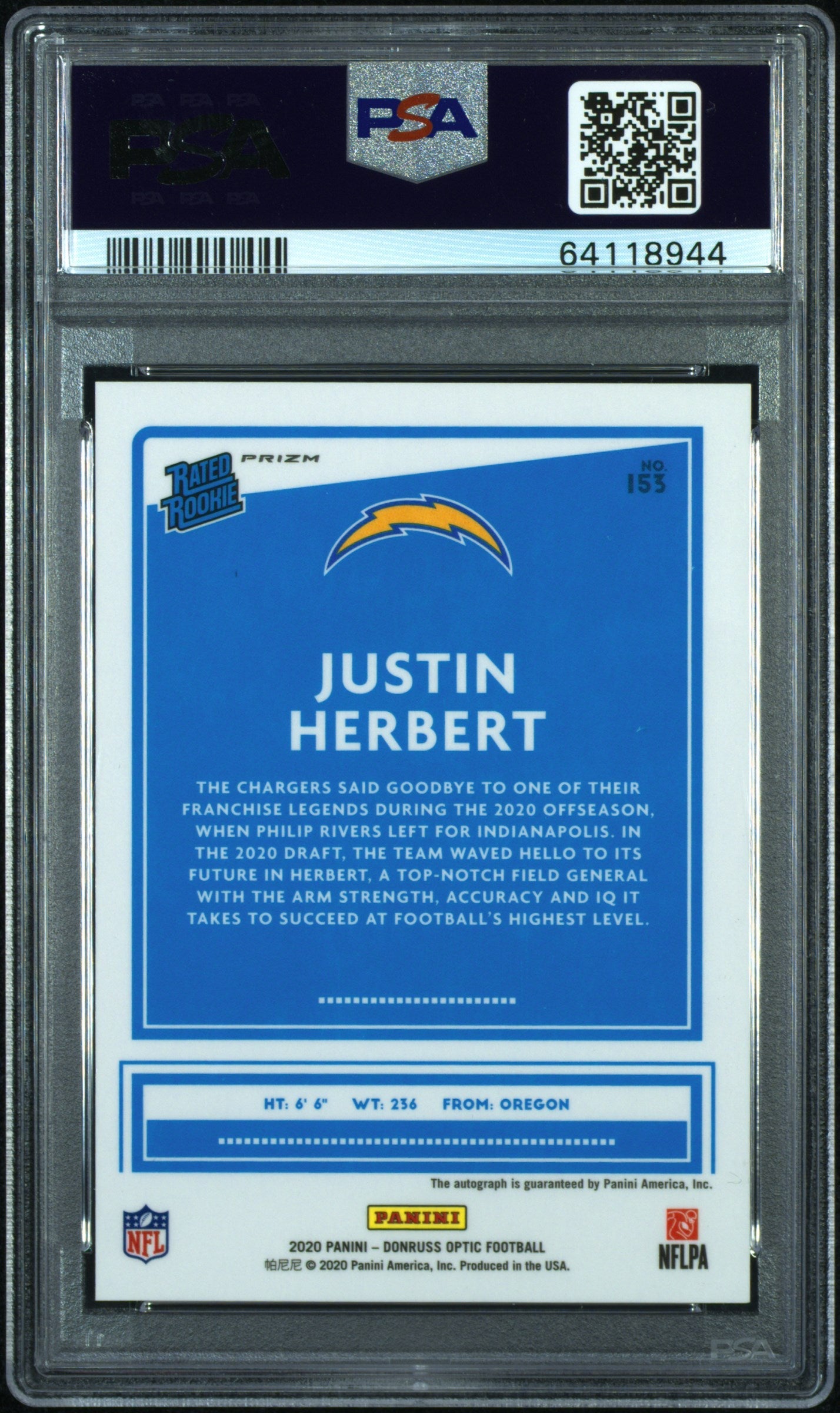 2020 Panini Donruss Optic Justin Herbert Autograph Bronze #153 PSA 9 - Graded Sports Cards
