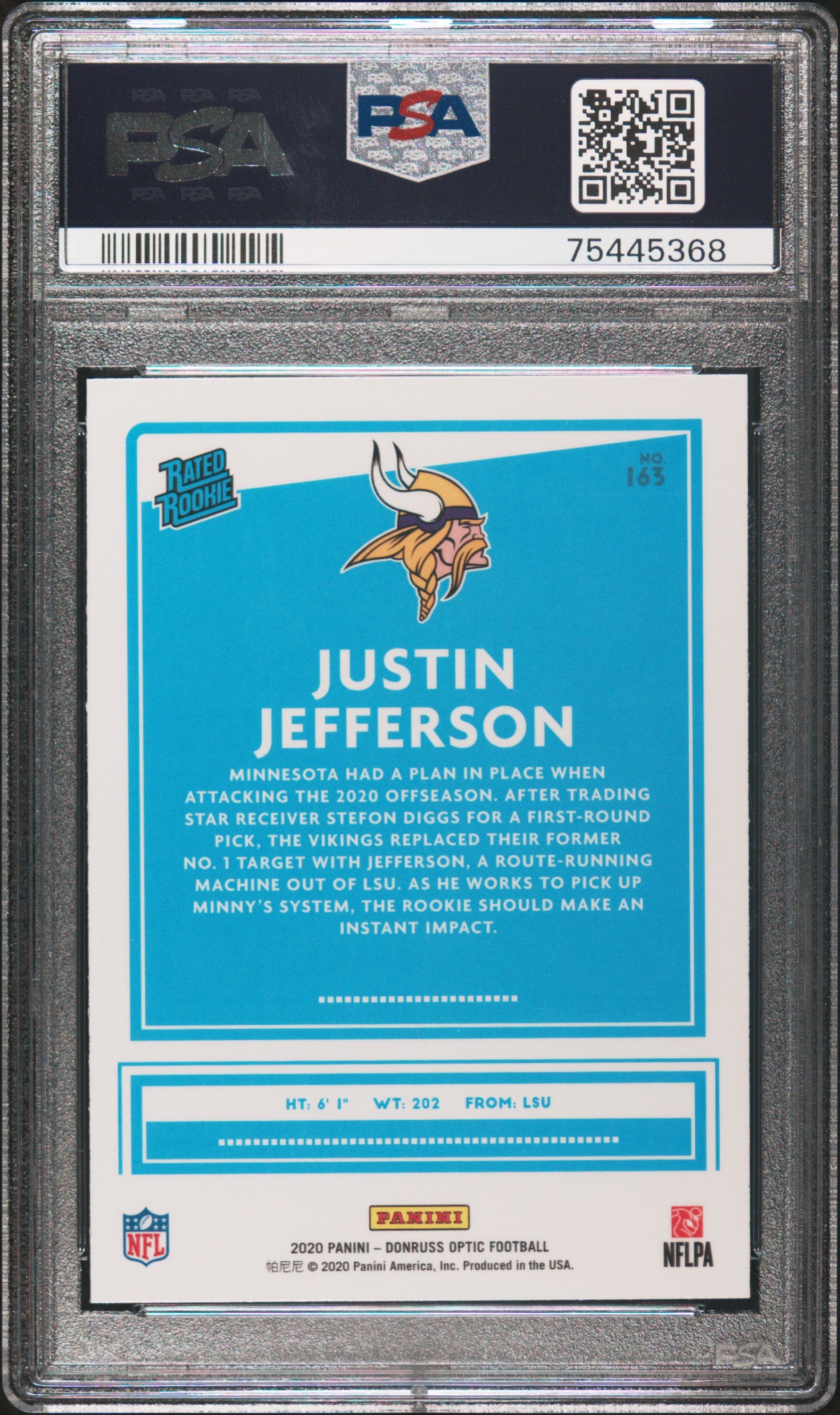 2020 Panini Donruss Optic Justin Jefferson Rated Rookie #163 PSA 10 Minnesota - Graded Sports Cards