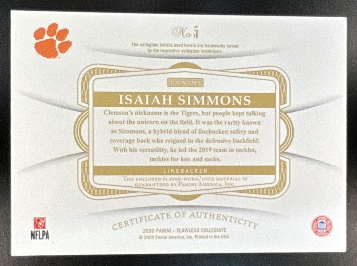 2020 Panini Flawless Collegiate Isaiah Simmons Rookie Patches Emerald /5 MEM RC - Sports Cards